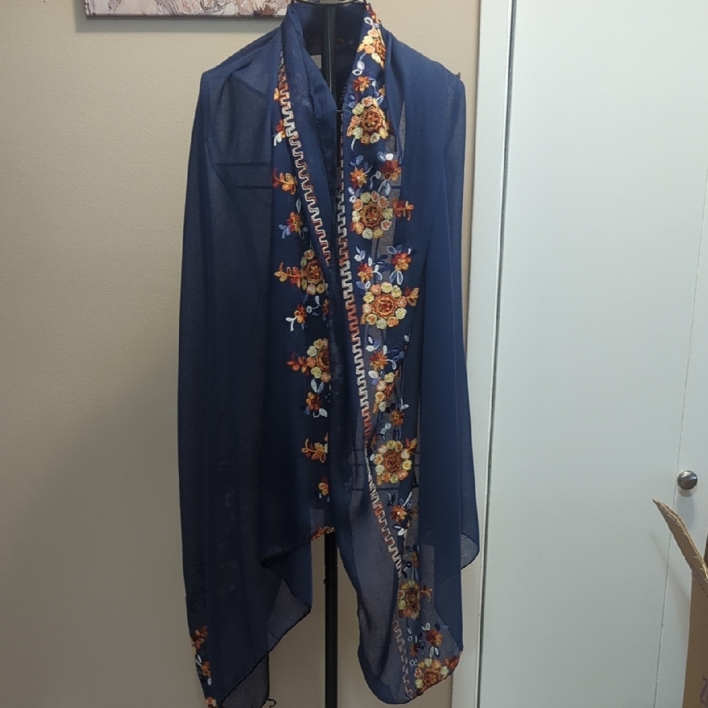 Floral Embroidered Blue Sheer Shawl